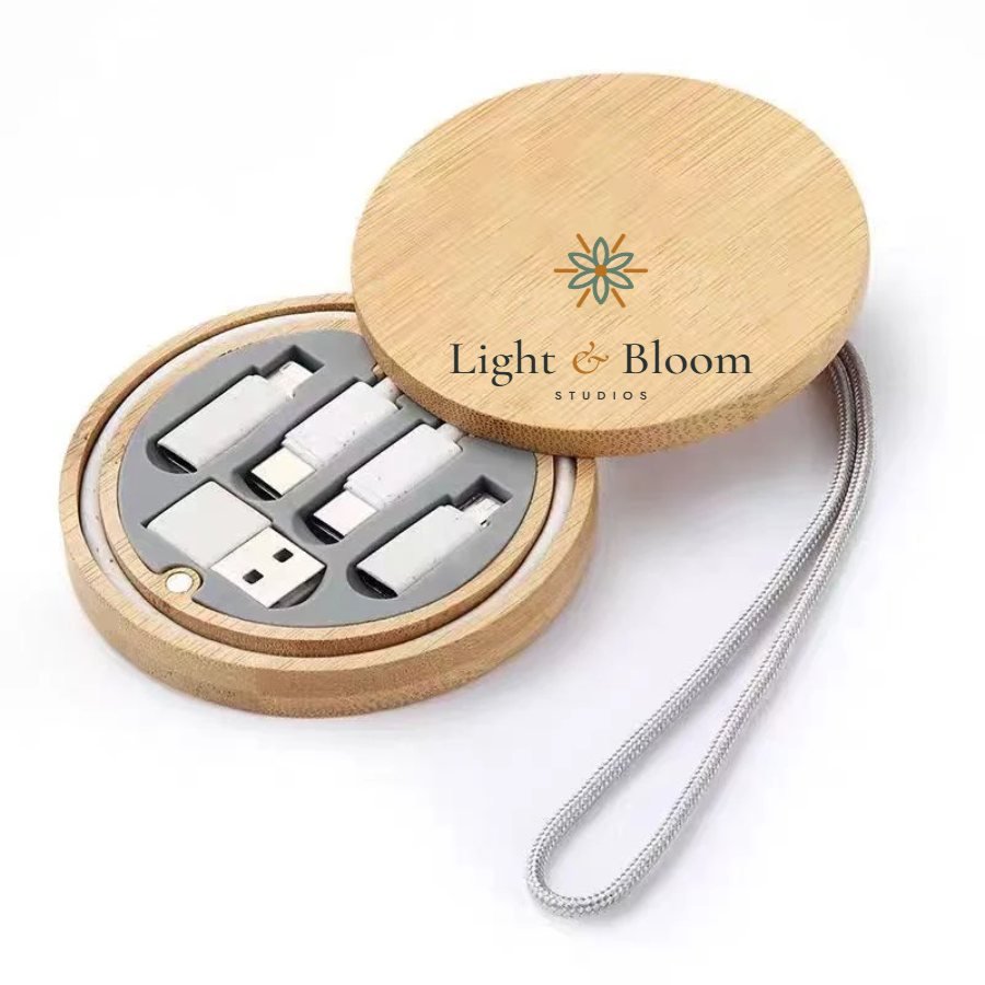 5-in-1 charging adapter personalised with the Light & Bloom logo