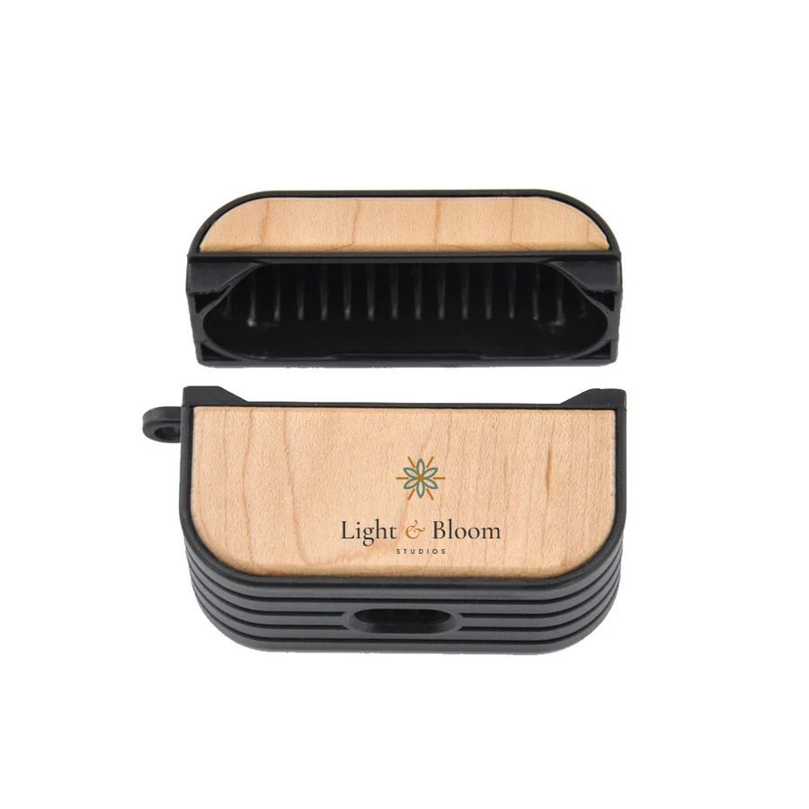 AirPods 3 case, wood panel personalised with the Light & Bloom logo