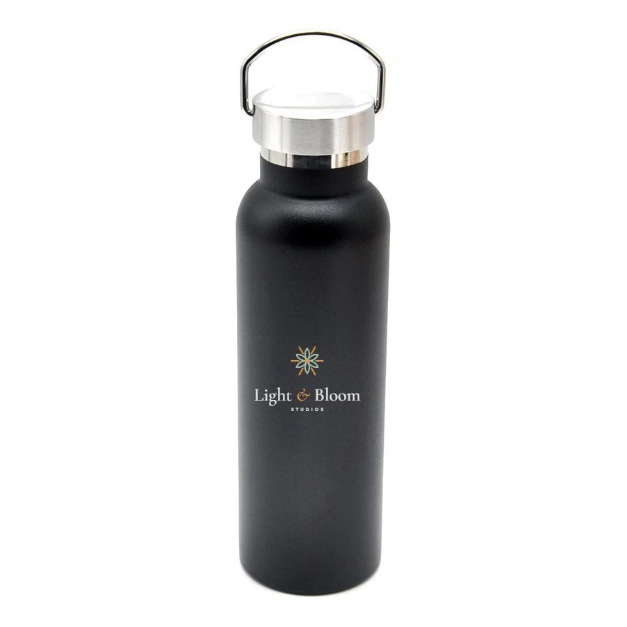 Black water bottle, 600ml personalised with the Light & Bloom logo