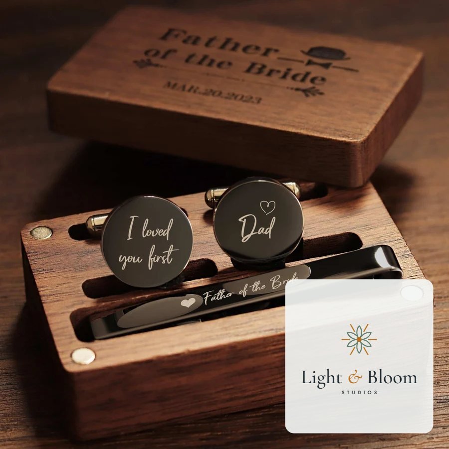 Walnut cufflink & tie clip set personalised with the Light & Bloom logo