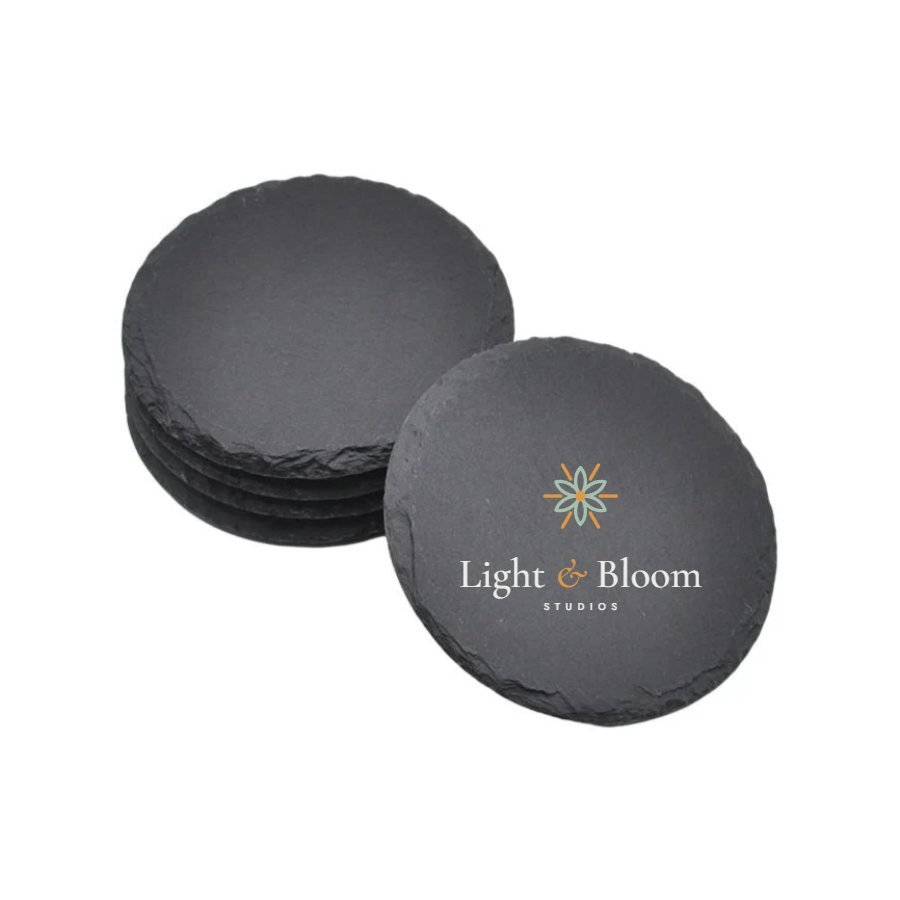 Slate coaster, round or square personalised with the Light & Bloom logo