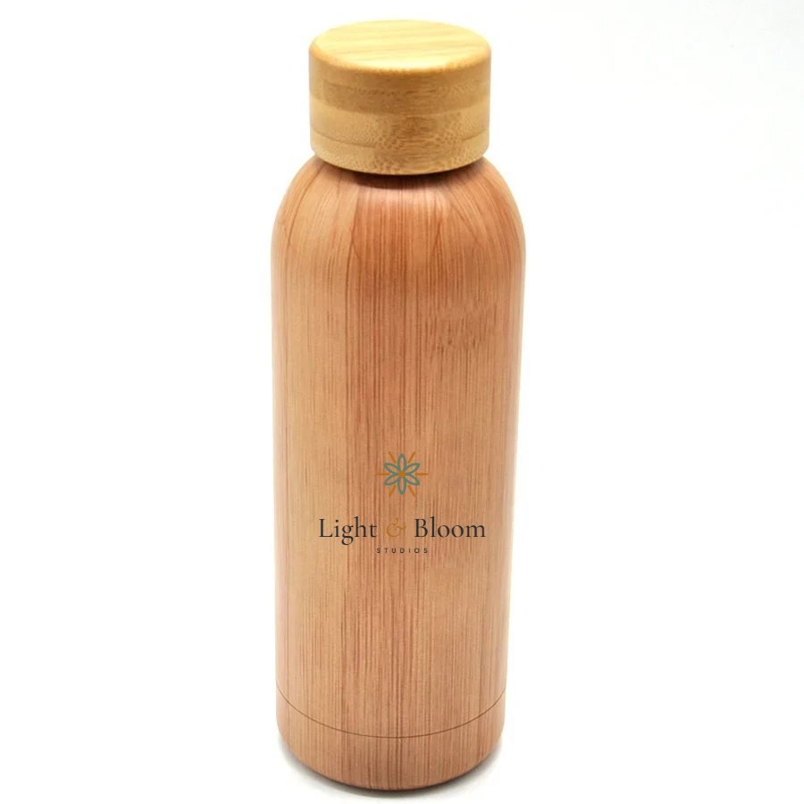Wooden water bottle, 500ml personalised with the Light & Bloom logo